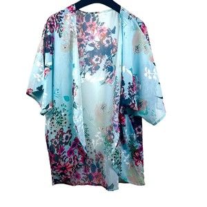 Floral Blue Kimono Womens Jacket Top M High Low Short Sleeve Semi Sheer Boho